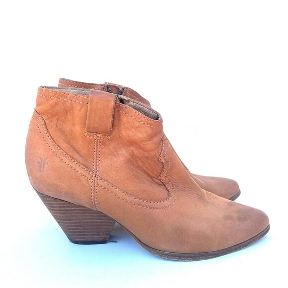 Frye Reina Leather Booties Camel Tan Heeled 7.5 Western Cowgirl Ankle Boots - Picture 2 of 13